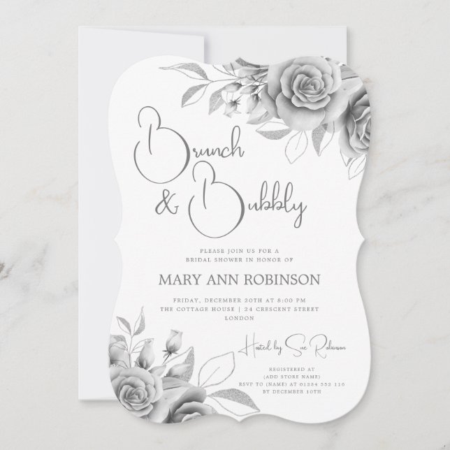 BRUNCH & BUBBLY Silver Floral Brautparty Einladung (Vorderseite)