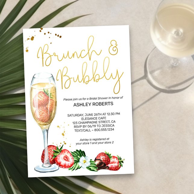 Brunch Bubbly Strawberries Champagne Brautparty Einladung (Champagne & Strawberries Brunch and Bubbly Bridal Shower Invitation)