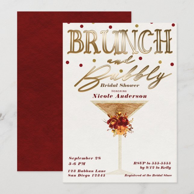 Brunch & Bubbly Wine Gold Red Fall Brautparty Einladung (Vorne/Hinten)