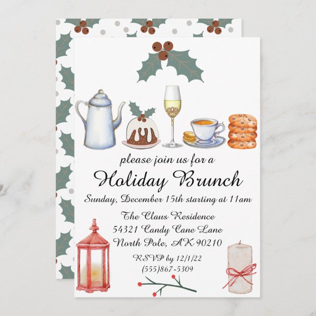 Brunch de Noël Holly Cute Invitation (Devant / Derrière)