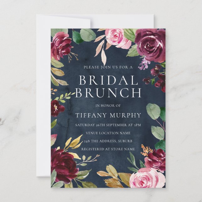 Brunch des Navy Watercolor Floral Wreath Brautpart Einladung (Vorderseite)