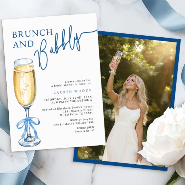 Brunch et Bubbly Blue Fête des mariées Invitation (Bridal Shower Invite)