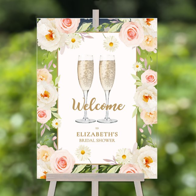 Brunch et Fête des mariées fleurie Bubbly Bienvenu (Brunch and bubbly watercolor floral bridal shower welcome acrylic sign)