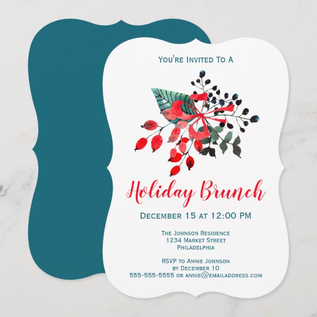 Brunch Event Winter Florals & Berries Rot und Aqua Einladung (Vorne/Hinten)