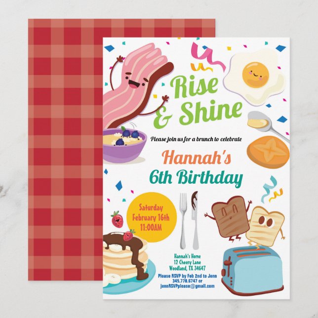 Brunch Frühstück Einladung. Kinder zum Geburtstag Einladung (Vorne/Hinten)