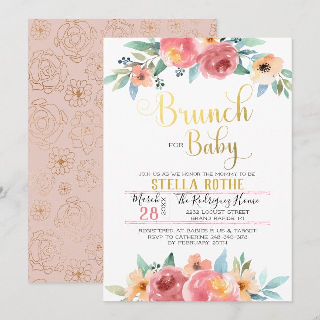 Brunch für Baby - Frühlingsblumen Einladung (Vorne/Hinten)