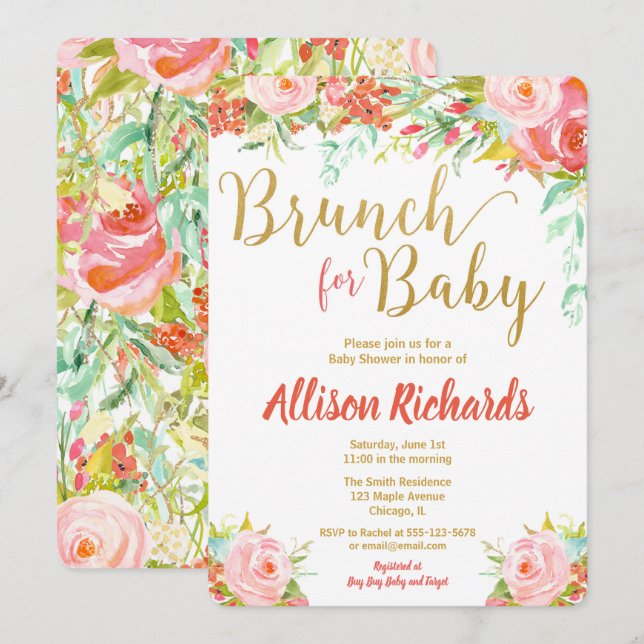 Brunch für Einladungen von Babyduschen mit Blumen (Vorne/Hinten)