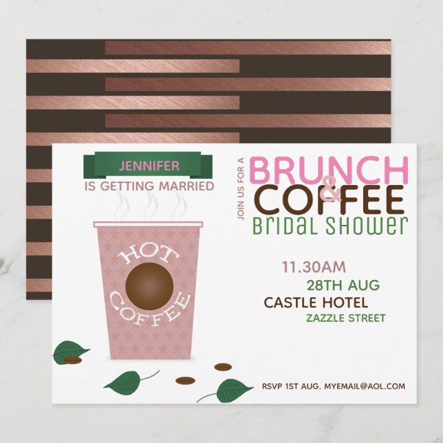 BRUNCH KAFFEE Bridal Dusche Einladung Rosa Grün (Vorne/Hinten)