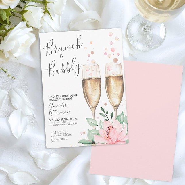 Brunch mit blass rosa Brautparty Einladung (Brunch And Bubbly Blush Pink Floral Bridal Shower Invitation)