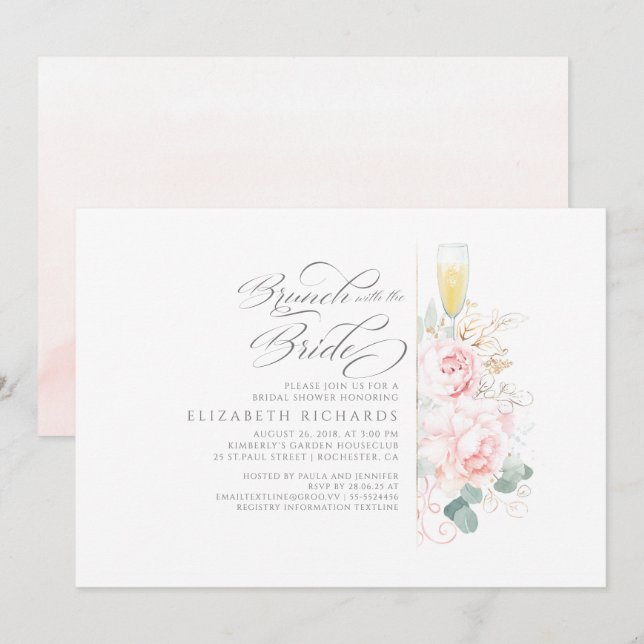 Brunch mit Bride Pink Floral Brautparty Einladung (Vorne/Hinten)