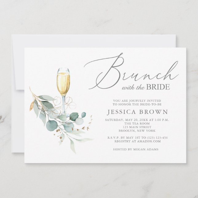 Brunch mit dem Bride Gold Greenery Brautparty Einladung (Vorderseite)