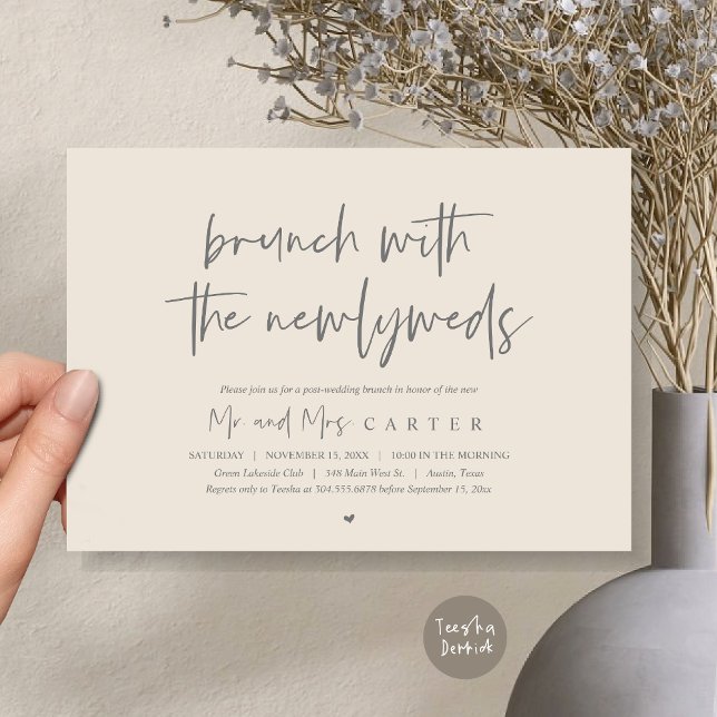 Brunch mit den frisch vermählten, Post Hochzeit Gr Einladung (Brunch with the newlyweds, post wedding elopement invitation card, pdf, in cream and grey)