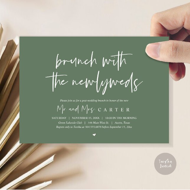 Brunch mit den Neuvermählten, Post Hochzeitssage G Einladung (Brunch with the newlyweds, post wedding elopement invitation card, pdf, in forest sage green)