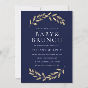 Brunch mit Navy & Gold Leaf Wreath Baby Showbrunch Einladung