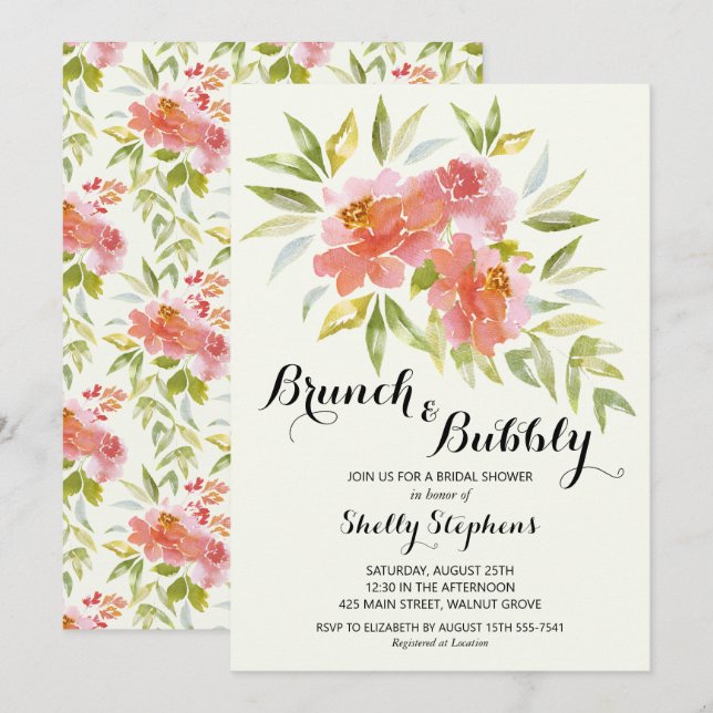 Brunch moderne et Bubbly Floral Shower Invitation (Devant / Derrière)