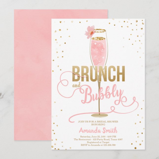 Brunch u. sprudelndes Brautparty erröten Gold Einladung (Vorne/Hinten)