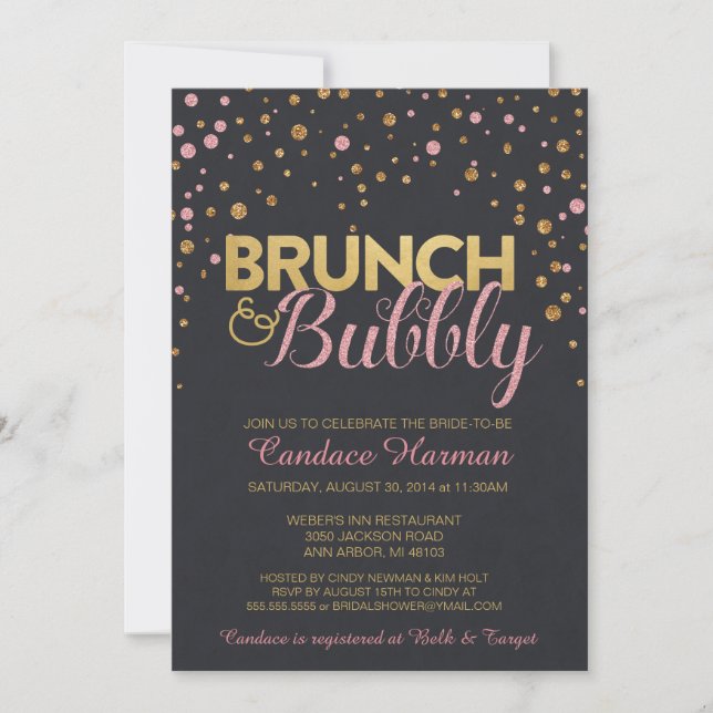 Brunch u. sprudelndes Glitzer-Tafel-Brautparty Einladung (Vorderseite)