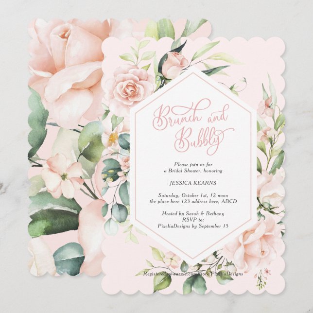 Brunch und blubbly blush Chic Aquarellblume Einladung (Vorne/Hinten)
