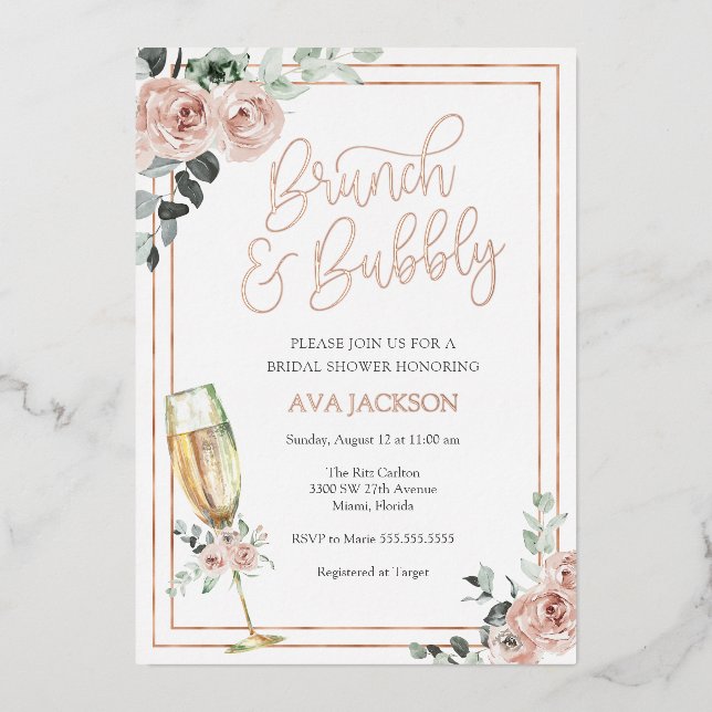 Brunch und Blubbly Blush Florals Brautparty Folieneinladung (Vorderseite)