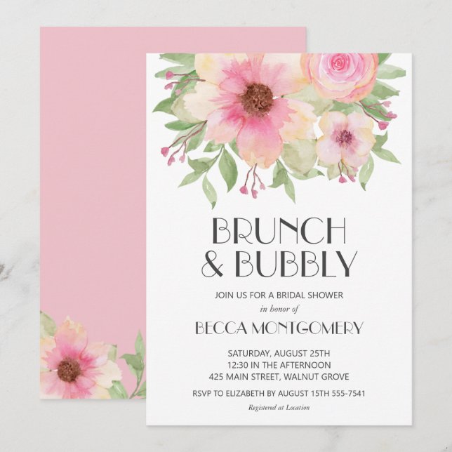 Brunch und Blubbly Blush Pink Brautparty Einladung (Vorne/Hinten)