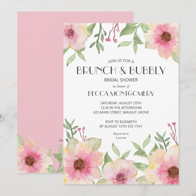 Brunch und Blubbly Blush Pink Floral laden ein (Vorne/Hinten)