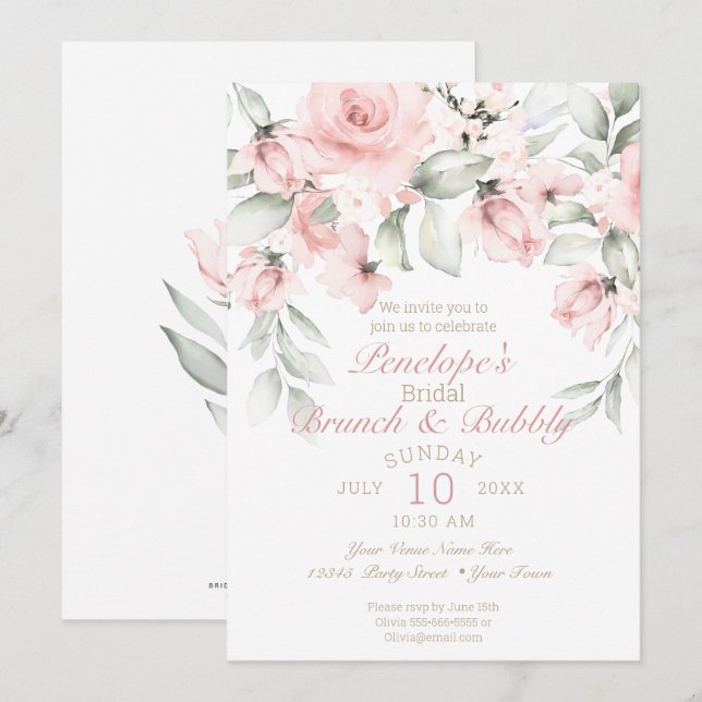 Brunch und Blubbly Blush Pink Roses Brautparty Einladung (Vorne/Hinten)