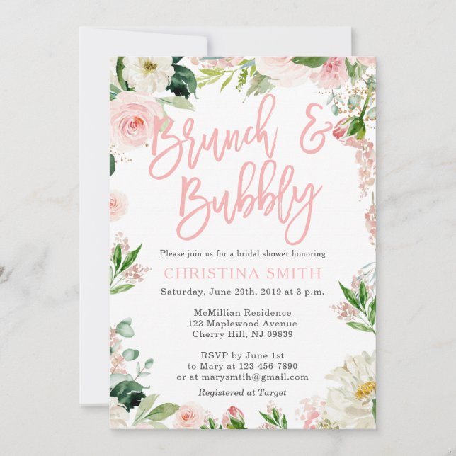 Brunch und Blubbly Einladungen Rosa Florals (Vorderseite)