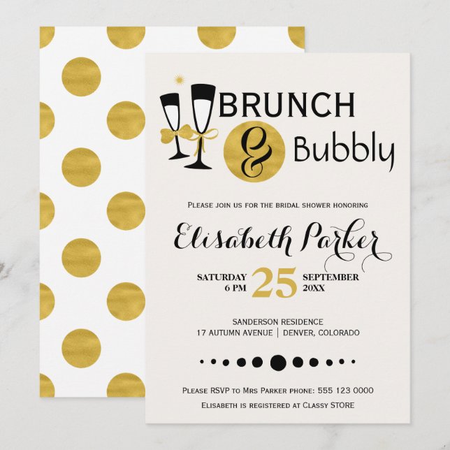 Brunch und Brautparty aus schwarzem Bromgold Einladung (Vorne/Hinten)