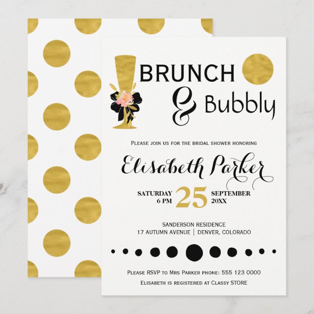 Brunch und Brautparty aus schwarzem Bromgold Einladung (Vorne/Hinten)