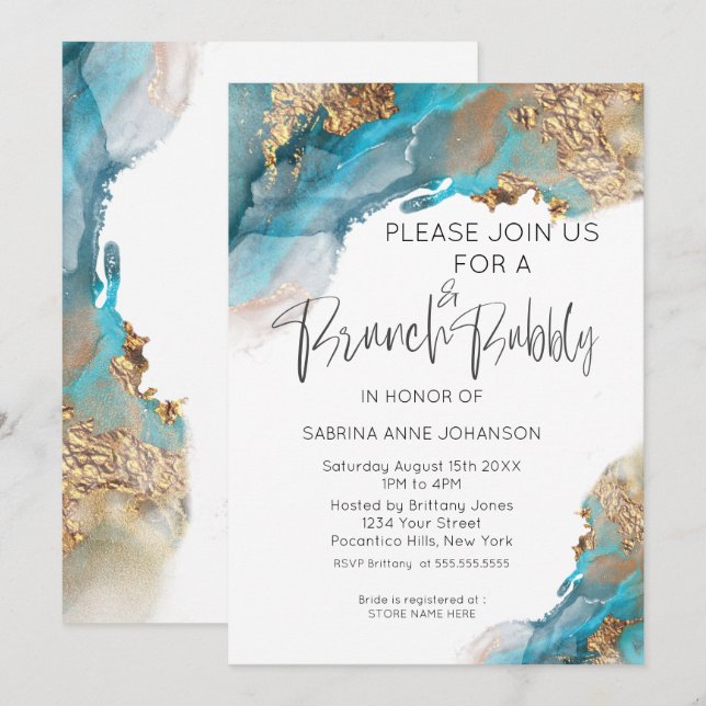 Brunch und Bubbly Aquamarin und Gold Abstrakt Einladung (Vorne/Hinten)