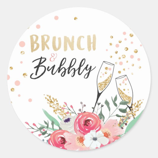 Brunch und Bubbly bevorzugen das Brautparty pink Runder Aufkleber (Vorderseite)