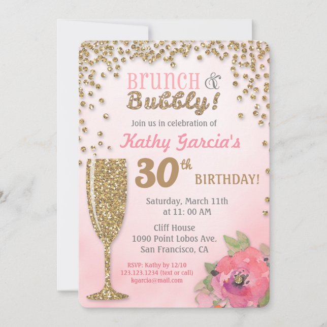 Brunch und Bubbly Birthday Glitzer Einladung (Vorderseite)