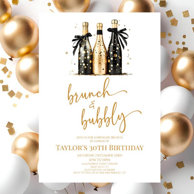 Brunch und Bubbly Black Gold Birthday Brunch Party Einladung (Von Creator hochgeladen)