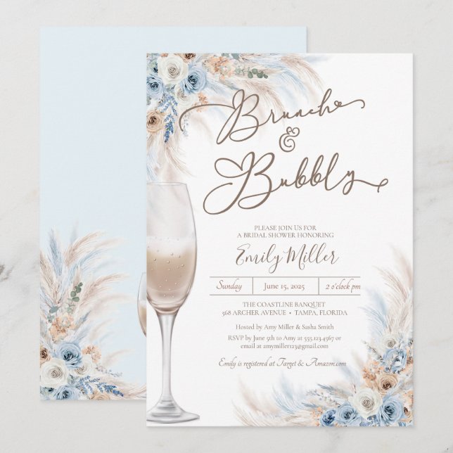 Brunch und Bubbly Blue Boho Pampas Brautparty Einladung (Vorne/Hinten)