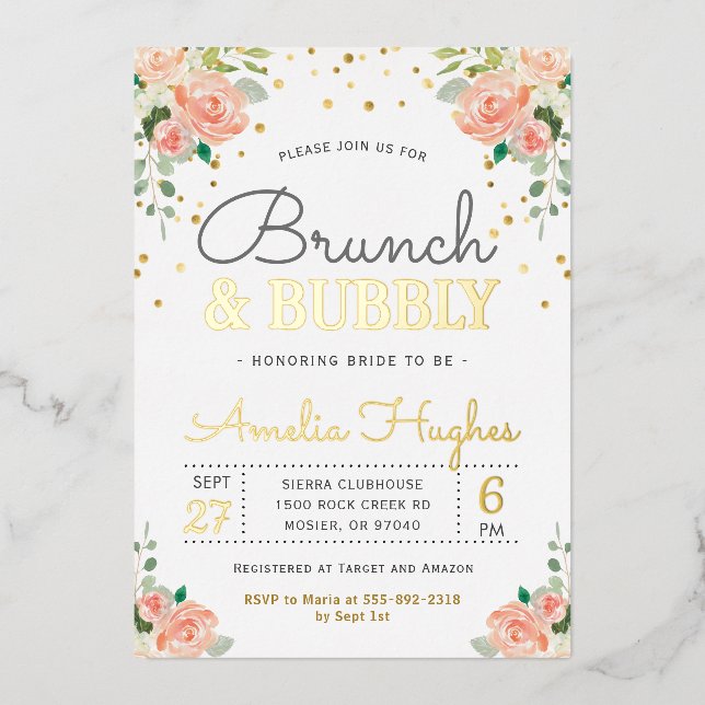 Brunch und Bubbly Brautparty Blush Peony Gold Folieneinladung (Vorderseite)