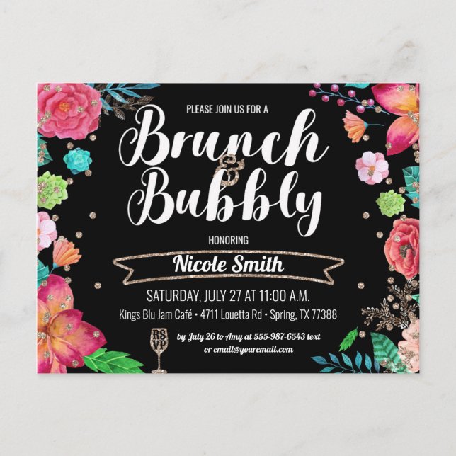 Brunch und Bubbly Brautparty Champagner Glitzer Einladungspostkarte (Vorderseite)