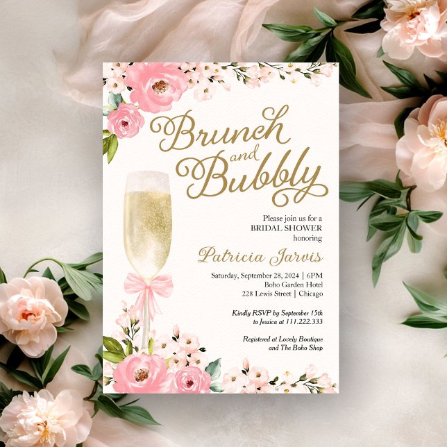 Brunch und Bubbly Brautparty Gold Rosa Blütenbraun Einladung (Von Creator hochgeladen)