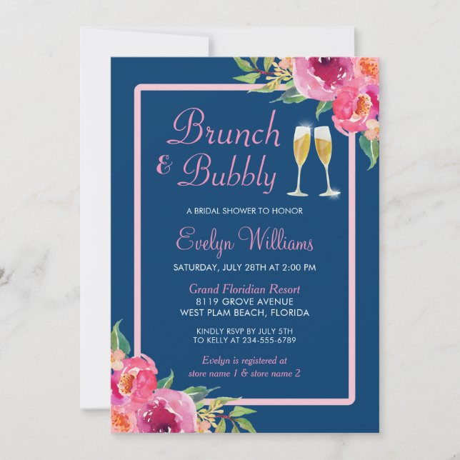 Brunch und Bubbly Brautparty Navy Pink Floral Einladung (Vorderseite)
