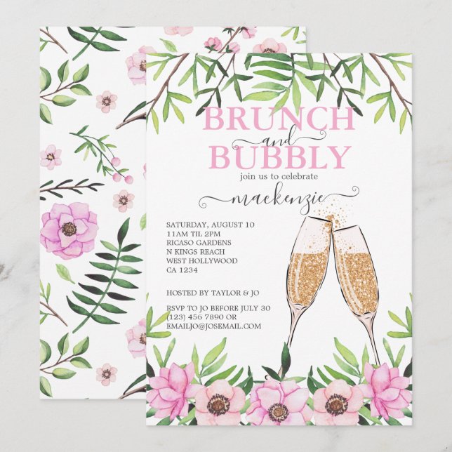 Brunch und Bubbly Brautparty Personalisiert Einladung (Vorne/Hinten)