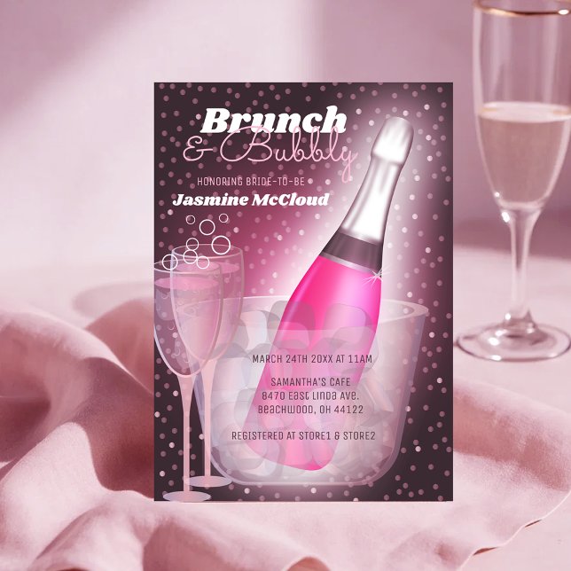 Brunch und Bubbly Brautparty Pink Champagne Einladung (Brunch and Bubbly Bridal Shower Pink Champagne Invitation)