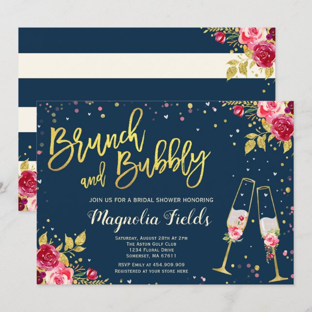 Brunch und Bubbly Bridal Dusche Einladung Blumen (Vorne/Hinten)