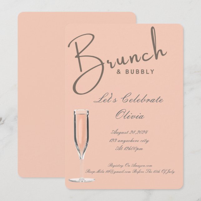 BRUNCH- UND BUBBLY-BRIDAL-DUSCHINVITATION EINLADUNG (Vorne/Hinten)