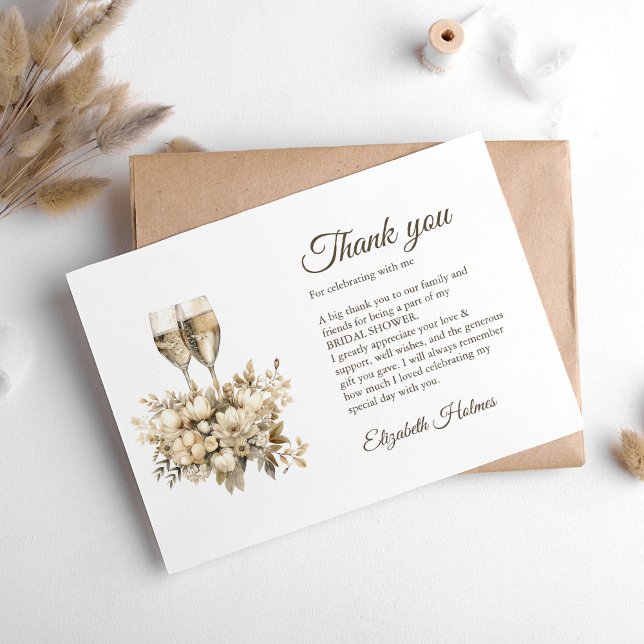 Brunch und Bubbly Champagne Blume Brautparty Dankeskarte (Brunch and Bubbly Champagne Flowers Bridal Shower Thank You Card on a boho white table.)