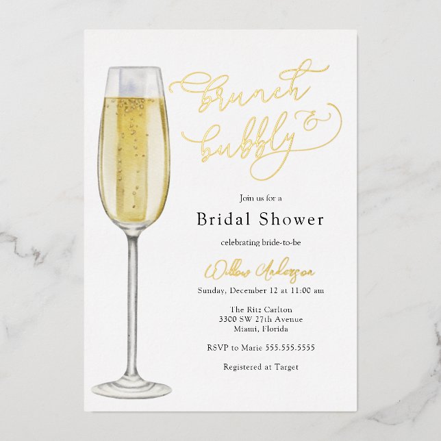 Brunch und Bubbly Champagne Brautparty Folieneinladung (Vorderseite)