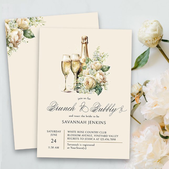 Brunch und Bubbly Champagne Rose Brautparty Einladung (Brunch & Bubbly Champagne Bridal Shower Invitation on cream)