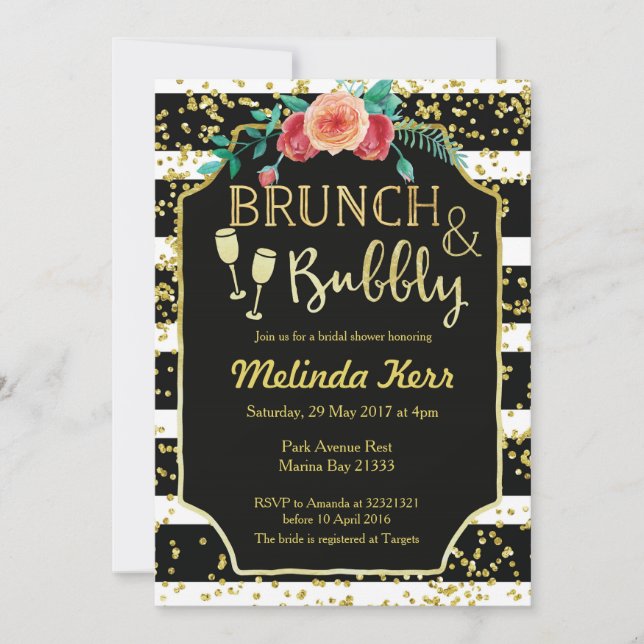 Brunch und Bubbly-Einladung mit schwarzen und weiß Einladung (Vorderseite)