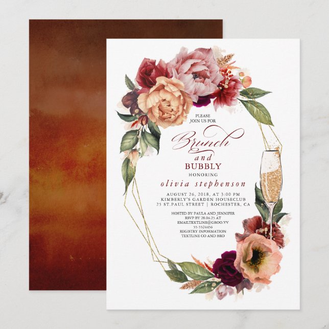 Brunch und Bubbly Floral Modern Fall Brautparty Einladung (Vorne/Hinten)