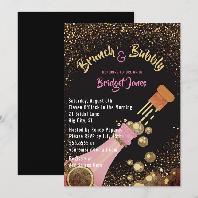 Brunch und Bubbly Glitzer Bridal Dusche Einladung (Vorne/Hinten)