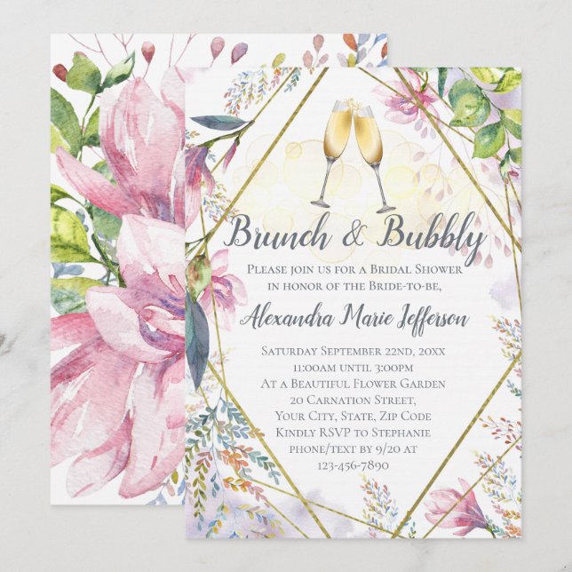 Brunch und Bubbly Green Pink Lilie Brautparty Einladung (Vorne/Hinten)