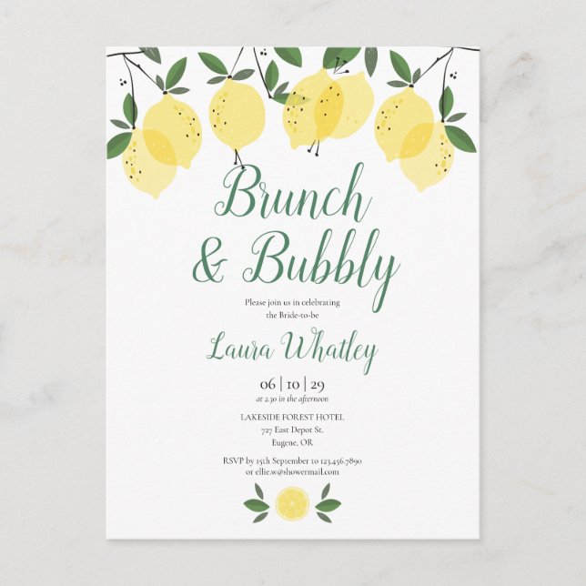 Brunch und Bubbly Lemon Brautparty Ankündigungspostkarte (Vorderseite)